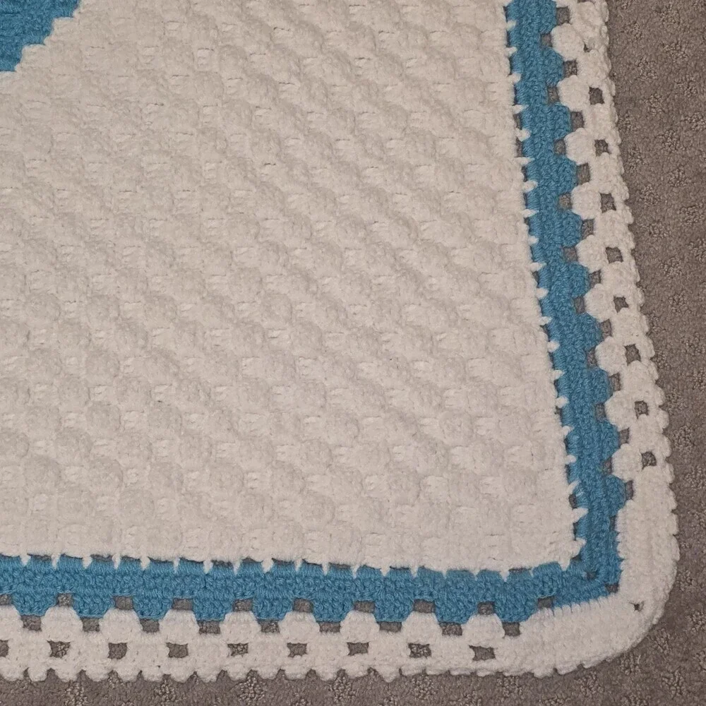 Vintage Handmade Crochet Afghan Lap Blanket Turquoise White 41x32 Retro